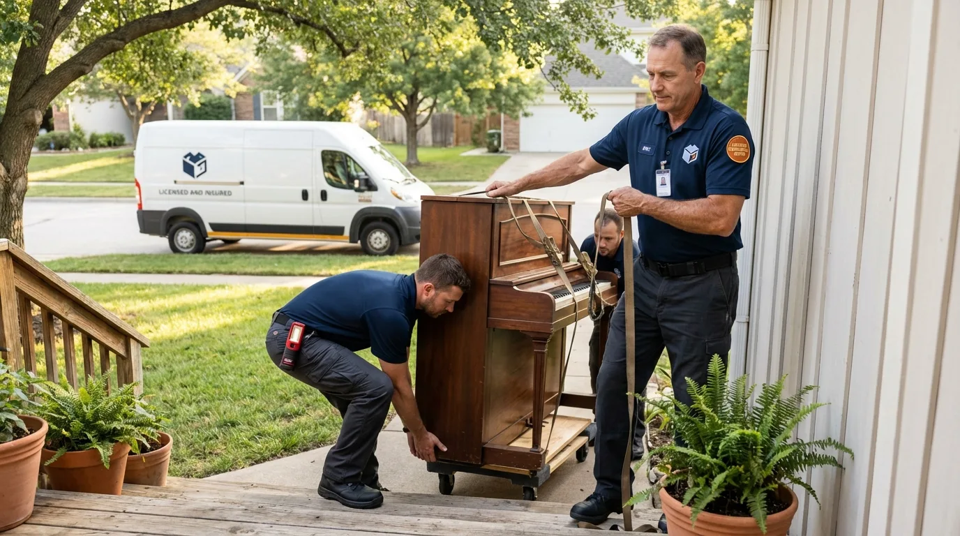 Licensed piano movers securing grand piano in New Holland, PA