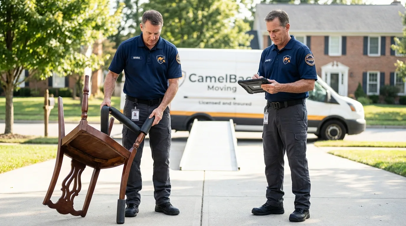 Movers inspecting furniture for damage prevention before loading in New Holland, PA