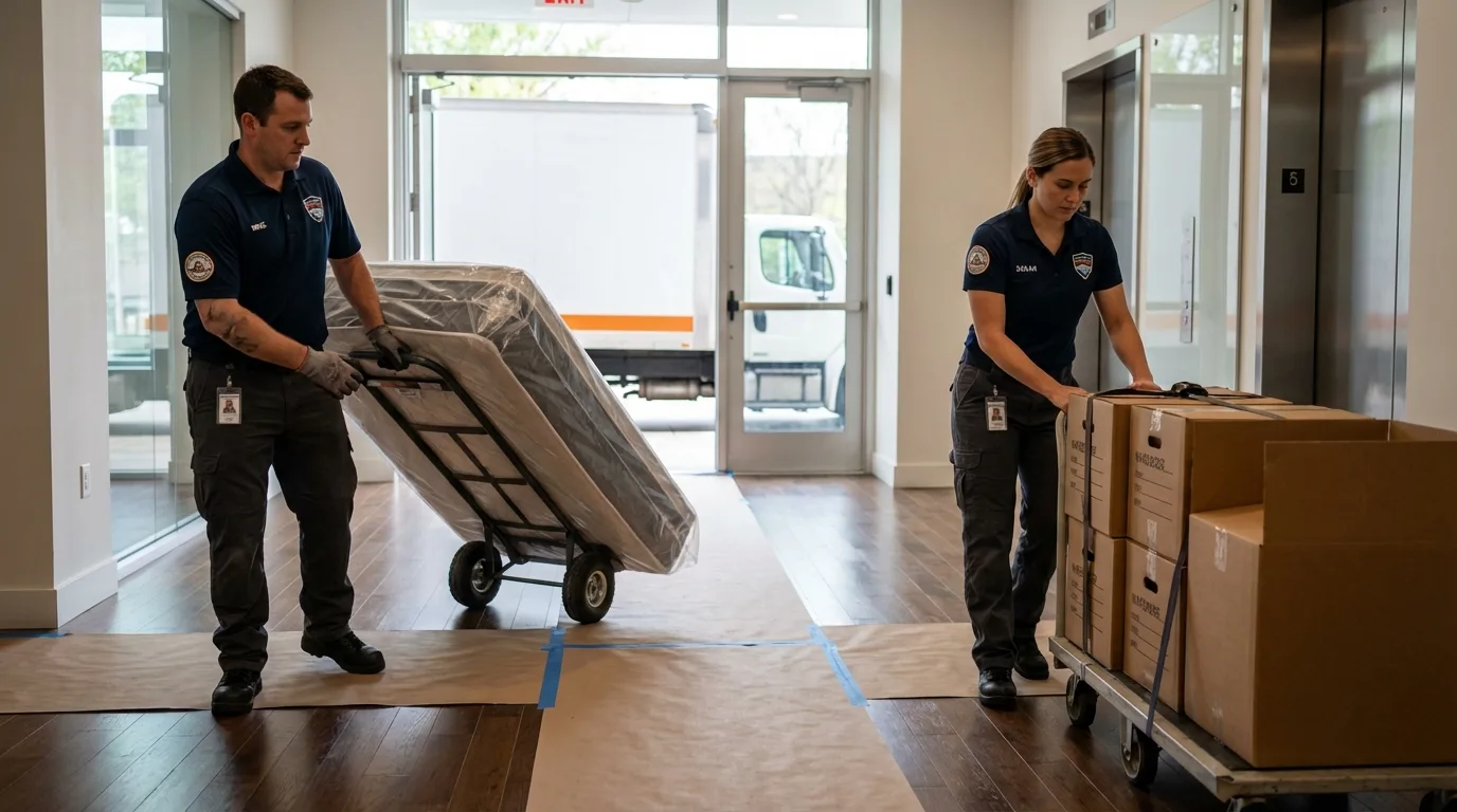 Professional apartment movers loading elevator in New Holland, PA