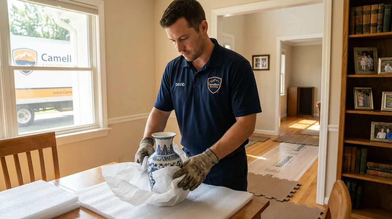 Professional crew carefully wrapping antique vase for senior downsizing move in New Holland, PA